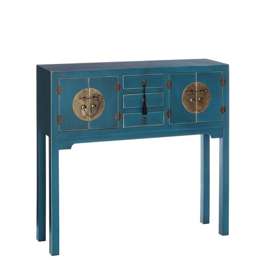 Consoletafel van hout en metaal in blauw en goud, 95 x 26 x 90 cm | Oosten