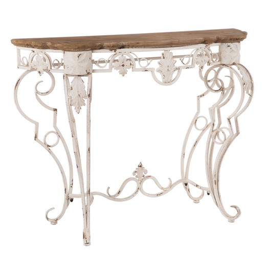 Houten en metalen console in geborsteld wit en naturel, 120 x 40 x 91,5 cm