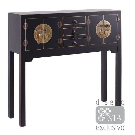 Black metal and wood console table, 95 x 26 x 90 cm | East