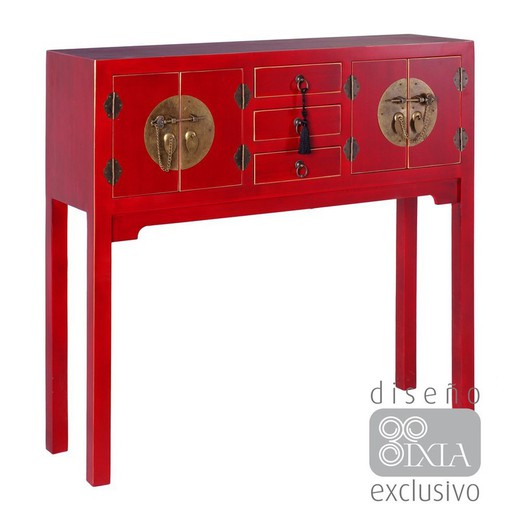 Red wood and metal console, 95 x 26 x 90 cm | East