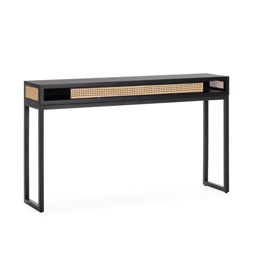 Black/natural wood and rattan console table, 142 x 30 x 84 cm