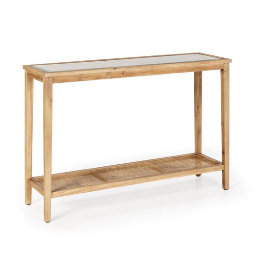 Pine, rattan and natural glass console table, 120 x 36 x 80 cm