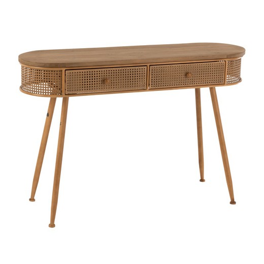Zaokrąglony stół konsolowy z 2 brązowymi metalowymi i drewnianymi szufladami, 121x38x82 cm