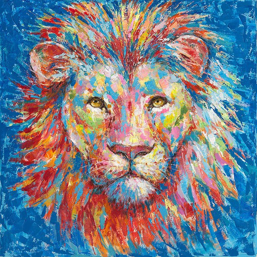 Cuadro león colorido con pintura acrílica, 100x3,5x100 cm | Animales
