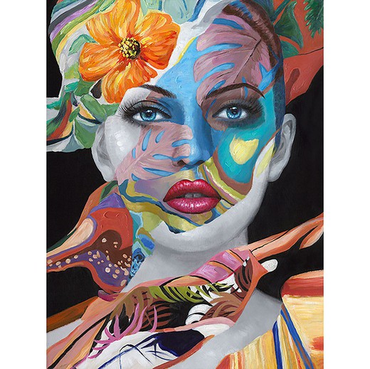 Dipinto di una donna con fiori sul viso multicolore, 90x3,5x120 cm | Viso