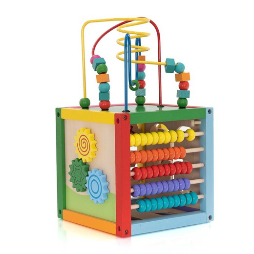 Montessori-achtige activiteitenkubus van grenenhout in veelkleurig, 20x20x36 cm | Newton doolhof