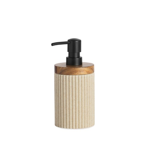 Dispenser in polyresin beige and natural acacia, Ø 8 x 18 cm | Striped