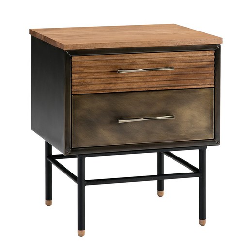 DRESDE-Metal and Natural Wood Bedside Table with 2 Drawers, 48x55x65 cm