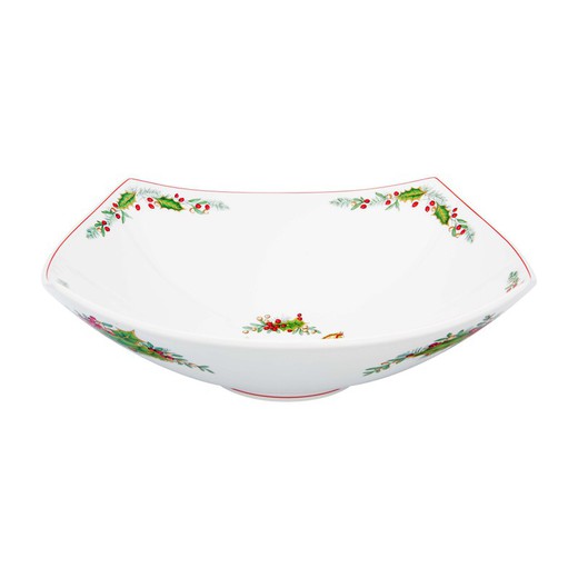Firkantet salatskål af hvid, grøn og rød porcelæn, 33,7 x 33,7 x 11,7 cm | julemagi