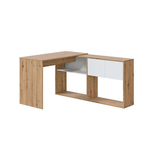 Bureau blanc/bois naturel avec étagère réversible, 72,5 x 112 x 144 cm | DUO