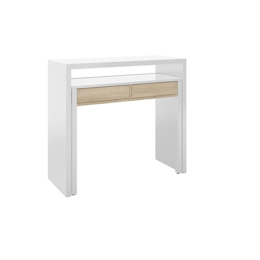 Rullbart konsolbord i vitt och ek, 99 x 36 x 88 cm