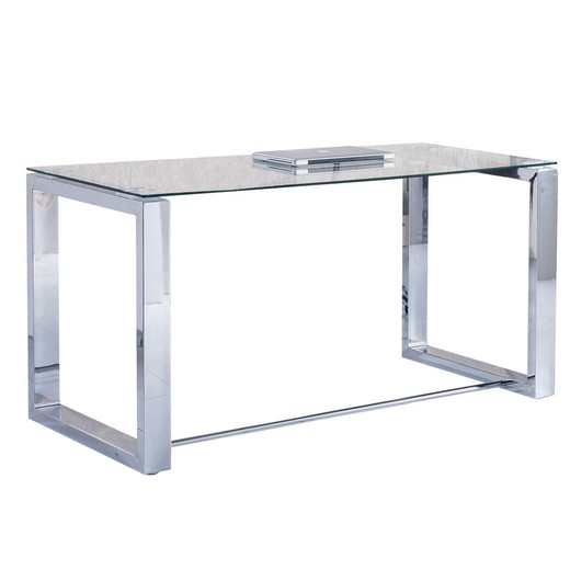Transparenter/silberner Glas- und Metallschreibtisch, 140 x 70 x 74 cm | Büro