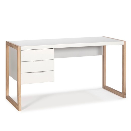 Wit houten bureau en natuurlijk grenen structuur, 140 x 57 x 75 cm