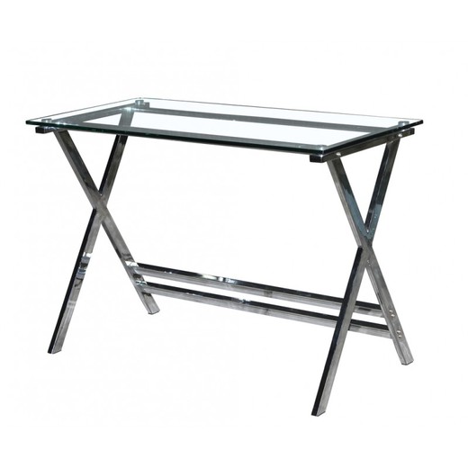 Delfos Desk in Tempered Glass and Transparent/Silver Metal, 110x55x76 cm