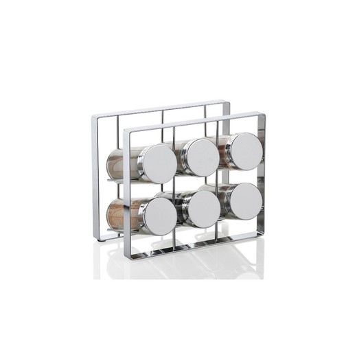 Especiero 6 tarros de metal cromado y vidrio plata, 18x9,5x15 cm