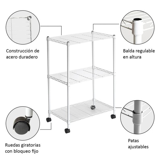 White iron wheeled shelf, 56 x 35 x 80 cm | Klaus