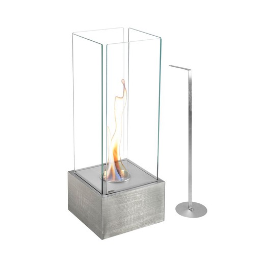 Steel and glass bioethanol stove in silver, 25 x 25 x 65 cm | Kilimanjaro