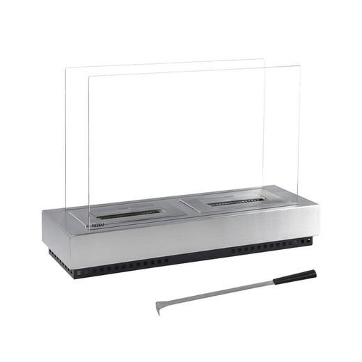 Steel and glass bioethanol stove in silver, 76 x 23 x 0.5 cm | Santorini