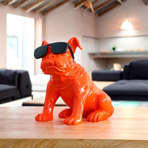 Pack de 2 bouledogues assis avec lunettes en polyrésine orange et multicolore, 40x23x34 cm