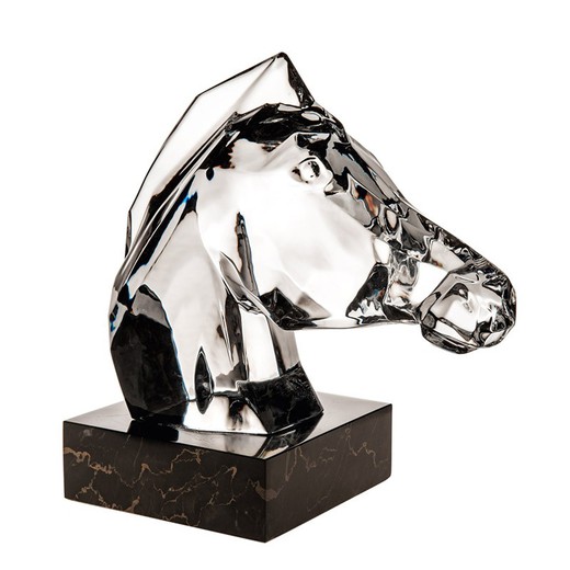 Figure décorative tête de cheval en verre et marbre transparent et noir, 15 x 26,5 x 27,5 cm | équipe