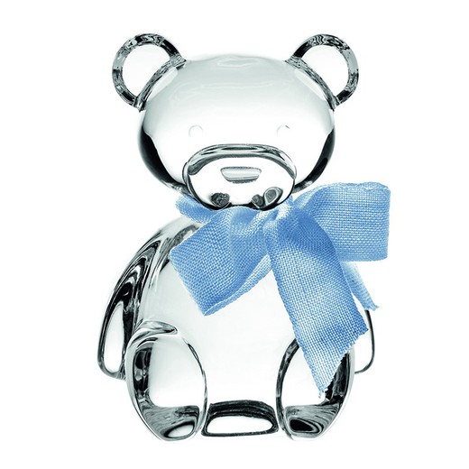 Decoratiefiguur teddybeer van glas en blauwe strik, Ø 4,9 x 10 cm | knuffelbeer