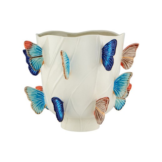 L-Fayence-Vase in Beige und Mehrfarben, 36,6 x 35,8 x 29,5 cm | Bewölkte Schmetterlinge