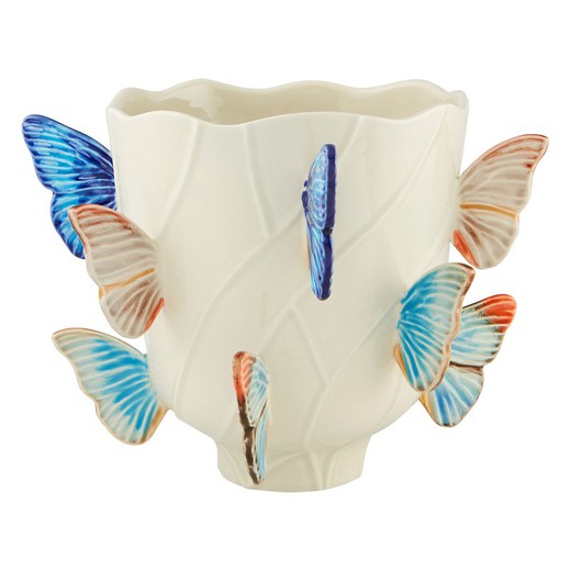 S faience vase in beige and multicolor, Ø 31.8 x 23.6 cm | Cloudy Butterflies