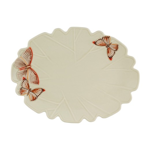 Faience dish in beige and multicolor, 40.3 x 30 x 4.8 cm | Cloudy Butterflies