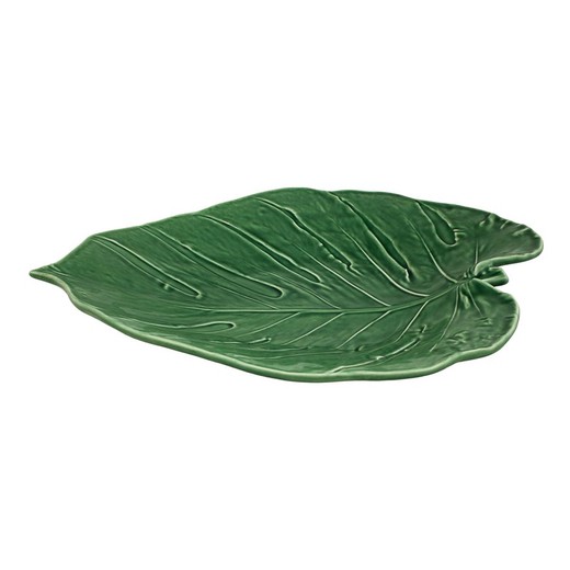 Faience platter in green, 43.2 x 38.6 x 7 cm | Leaves