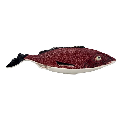 Large earthenware platter in maroon and white, 51 x 29 x 5 cm | Fish