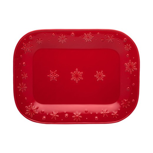 Red stoneware L platter, 41 x 30.9 x 3.6 cm | Snowflakes