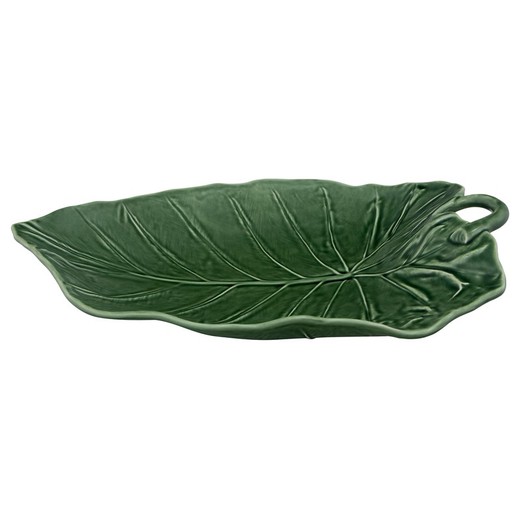 Faience L platter in green, 41.5 x 28 x 7.5 cm | sunflower leaves