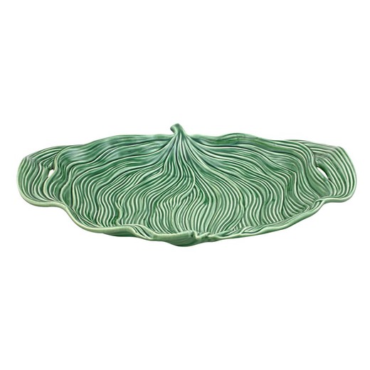 Green earthenware L platter, 44.5 x 33 x 8.5 cm | Leaves