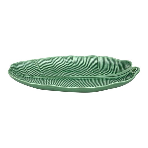 Faience L platter in green, 50.5 x 28 x 6.5 cm | banana leaves
