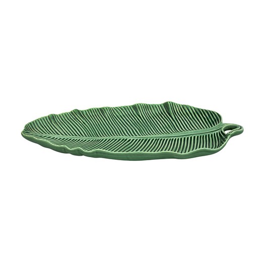 Green earthenware platter M, 39 x 26 x 4 cm | banana leaves