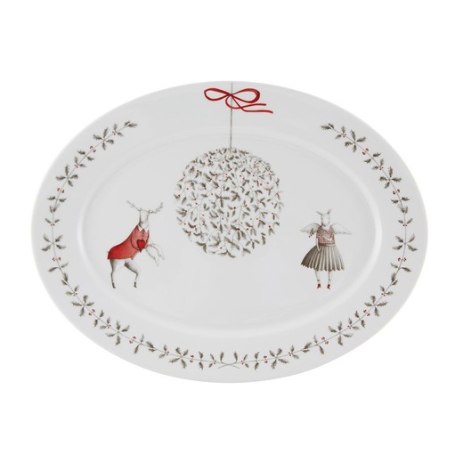 Large oval porcelain serving dish in white, red and black, 42.5 x 32.5 x 3.4 cm | Christmas