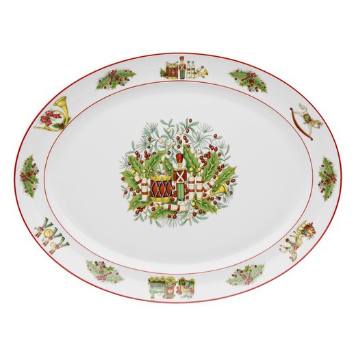 Ovale serveerschaal L in wit, groen en rood porselein, 41,6 x 31,7 x 3,8 cm | kerst magie