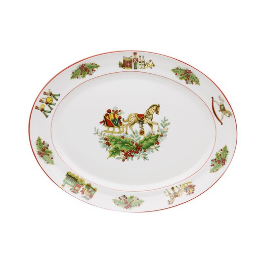 Ovalt serveringsfad M i hvidt, grønt og rødt porcelæn, 35 x 27,3 x 3,5 cm | julemagi