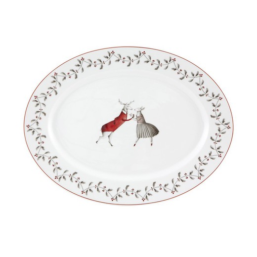 Fuente oval mediana de porcelana en blanco, rojo y negro, 32,6 x 24,8 x 2,6 cm | Nöel