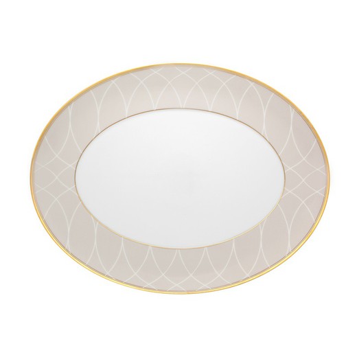 Liten oval porslinsfat i vitt, beige och guld, 34,7 x 26,5 x 2,8 cm | terrass