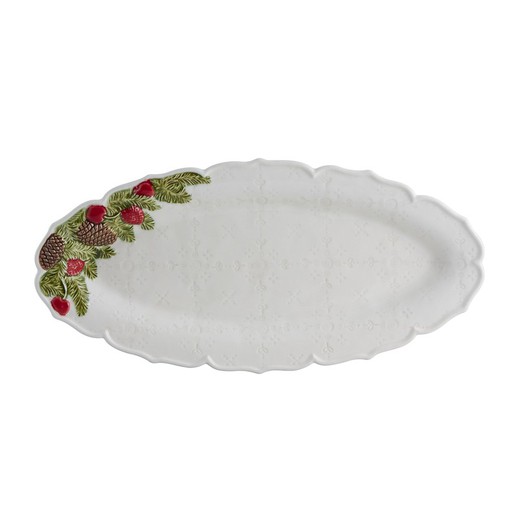 Plat ovale en faïence blanc et multicolore, 39,5 x 19 x 3,3 cm | Couronne de Noël