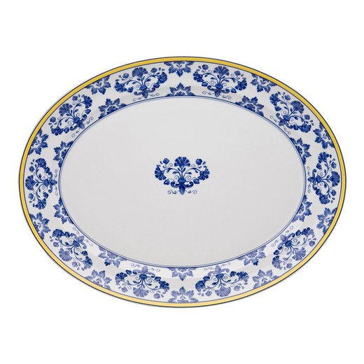 L piatto ovale in porcellana blu e giallo, 41,6 x 31,7 x 3,8 cm | Castello bianco