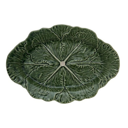 S oval earthenware platter in green, 37.5 x 26 x 3.5 cm | Cabbage
