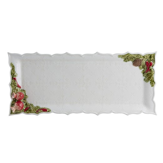 Plat rectangulaire en faïence blanc et multicolore, 43 x 18,5 x 5 cm | Couronne de Noël