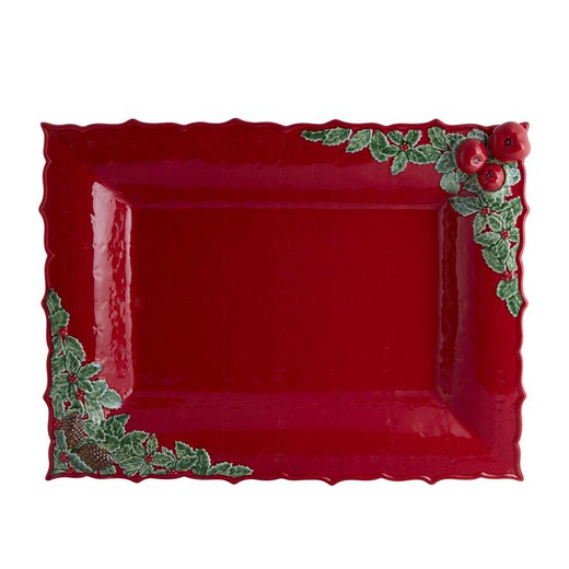 Plat rectangulaire en faïence rouge et multicolore, 50 x 38 x 8,5 cm | Couronne de Noël