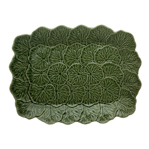 Prato retangular em faiança verde, 39 x 30 x 4 cm | Gerânio