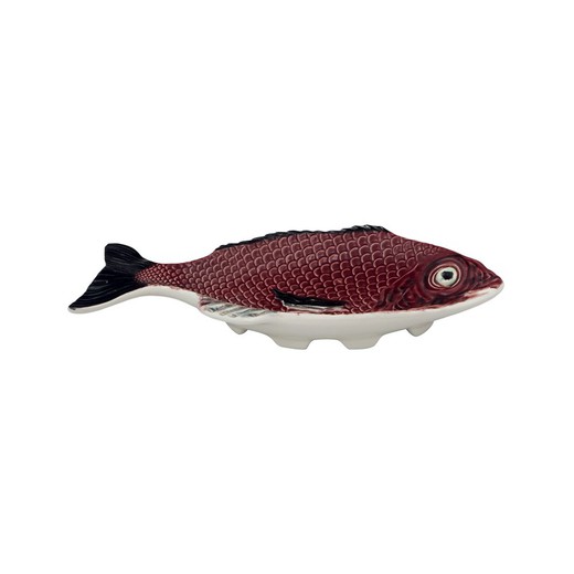 S dish made of earthenware in maroon and white, 27 x 14 x 3 cm | Fish