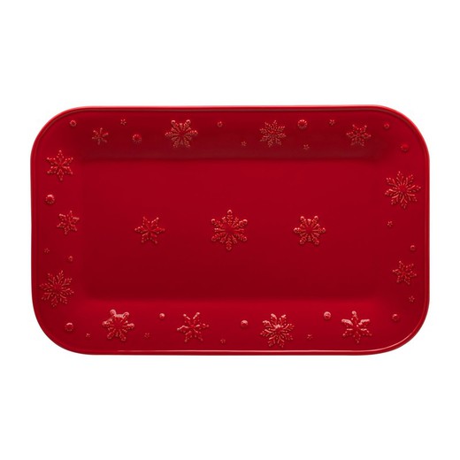 Red earthenware S platter, 34.5 x 21.5 x 2.8 cm | Snowflakes