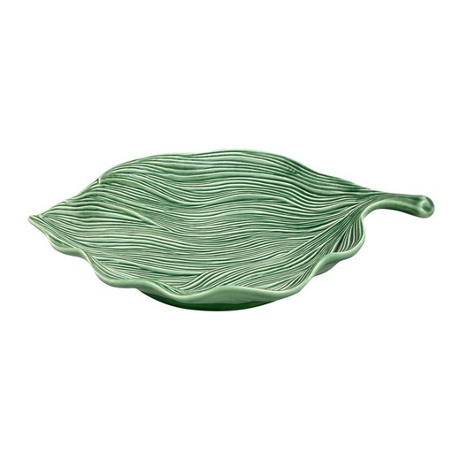 S schaal in groen aardewerk, 37 x 27 x 6 cm | Bladeren