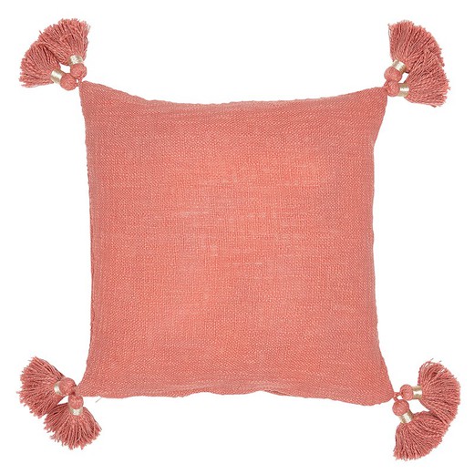 Capa de almofada de algodão orgânico fiado à mão com borlas de coral 45 x 45 cm